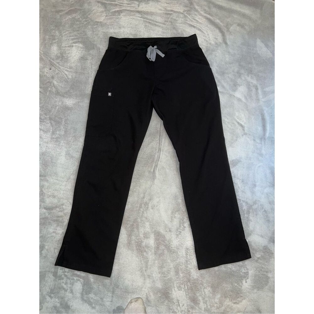Figs Straight Leg Scrub Pants in Black with Gray Drawstring